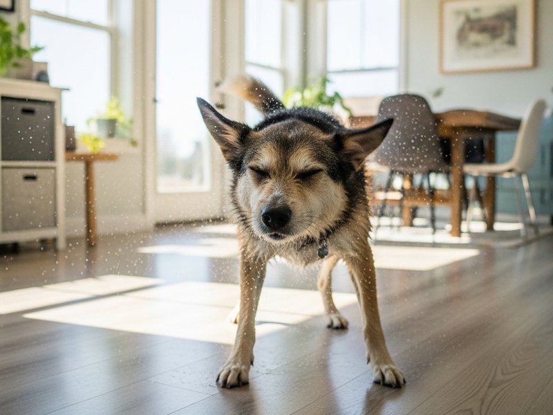 Dog sitting on luxury vinyl flooring in a bright living room